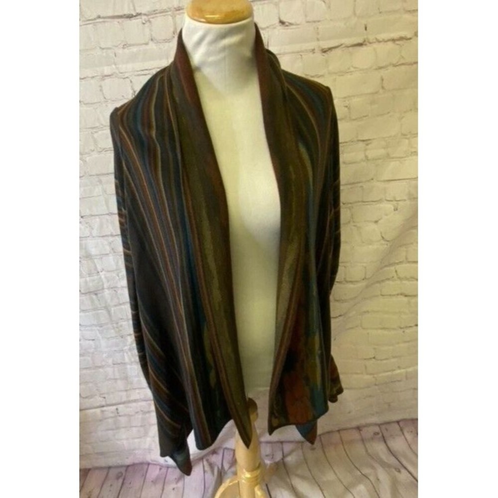 Peruvian Connection Stripes Orange Brown Blue Open Front Cardigan Pima Cotton  L